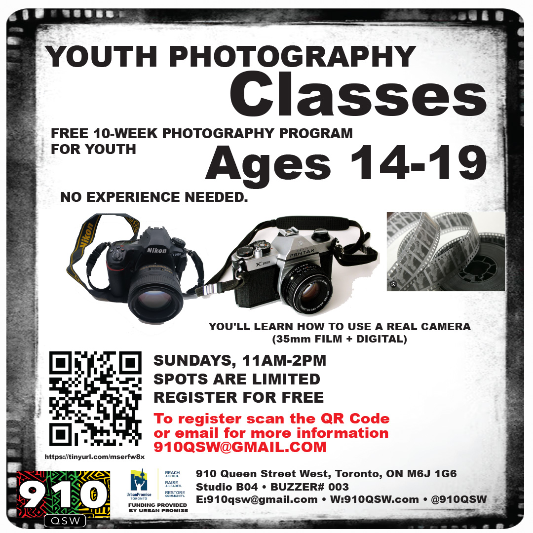 Free youth photography classes for ages 14–19. Learn digital and film photography with no experience needed. Sundays, 11am–2pm, in Toronto. Free registration; limited spaces.